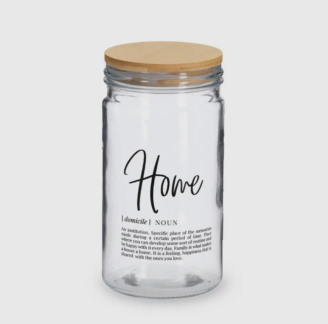 Tarro de vidrio “Home” con tapa de bambú – 1000 ml - Style Home Shop