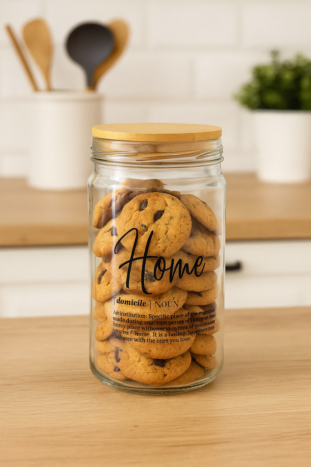 Tarro de vidrio “Home” con tapa de bambú – 1000 ml - Style Home Shop